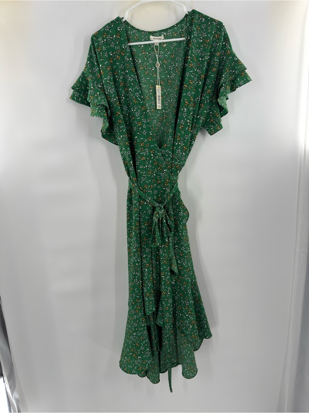 Max Studio 1X Green Floral True Wrap Midi Dress Flutter Sleeve NWT - Picture 8 of 10